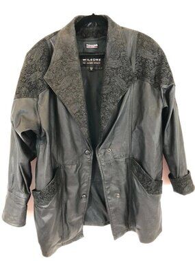 Vintage Wilsons Leather black long trench coat featuring embossed paisley suede